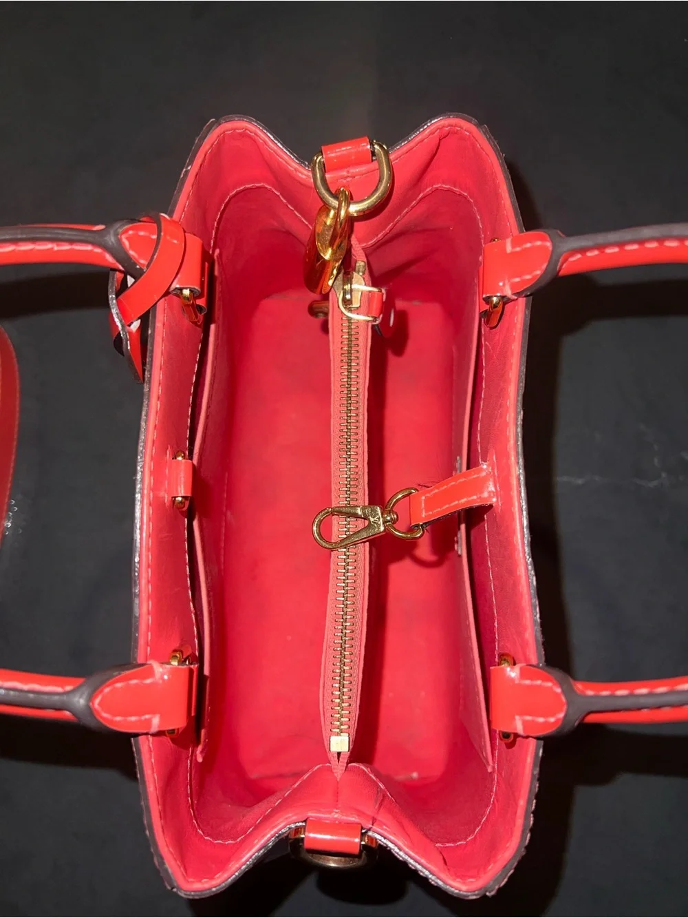 Louis Vuitton Montaigne BB Vernis Monogram Coral Top Handle Satchel